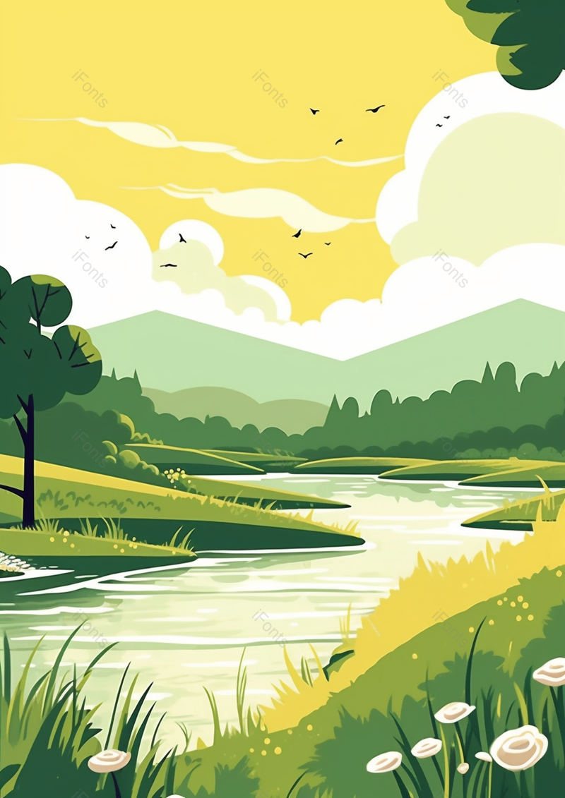 夕阳日落安静自然小河流淌河水穿过草地树林田园主义插画,插画/手绘图,插画/手绘图库,插画/手绘图下载,插画/手绘